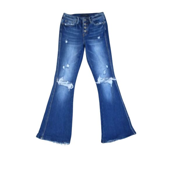 Flying Monkey Bell Bottom Flare Jeans Sz 25 Blue  Highrise Distressed Button Fly - Picture 1 of 8